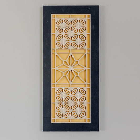 Kumiko panel for decoration with yellow background black border featuring the asanoha and blossom patterns