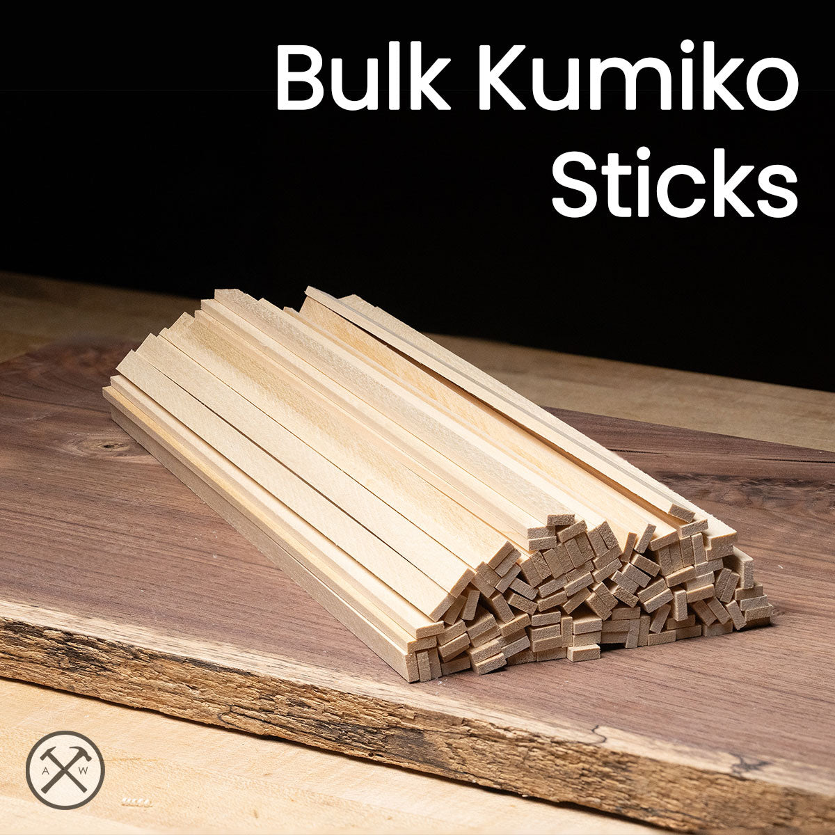Stack of wooden Kumiko sticks on a wooden surface with 'Bulk Kumiko Sticks' text above.