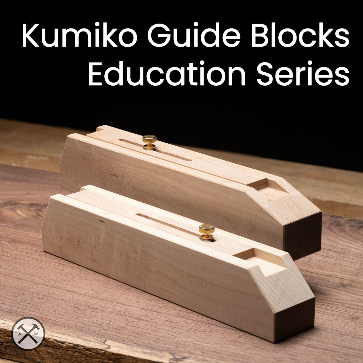 Two wooden Kumiko Guide Blocks on a wooden surface with text 'Kumiko Guide Blocks Education Series'.